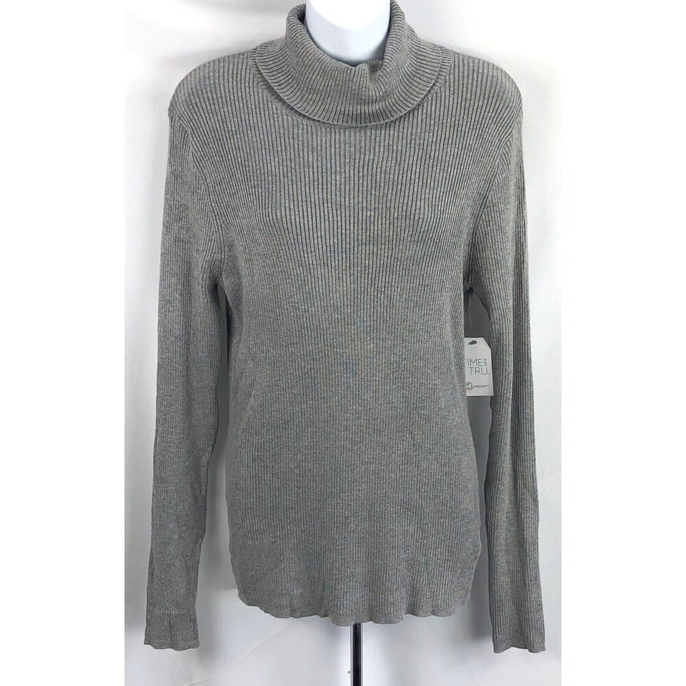 NWT Time & True Turtleneck Sweater L Gray Ribbed Rayon Knit LongSleeve Classic